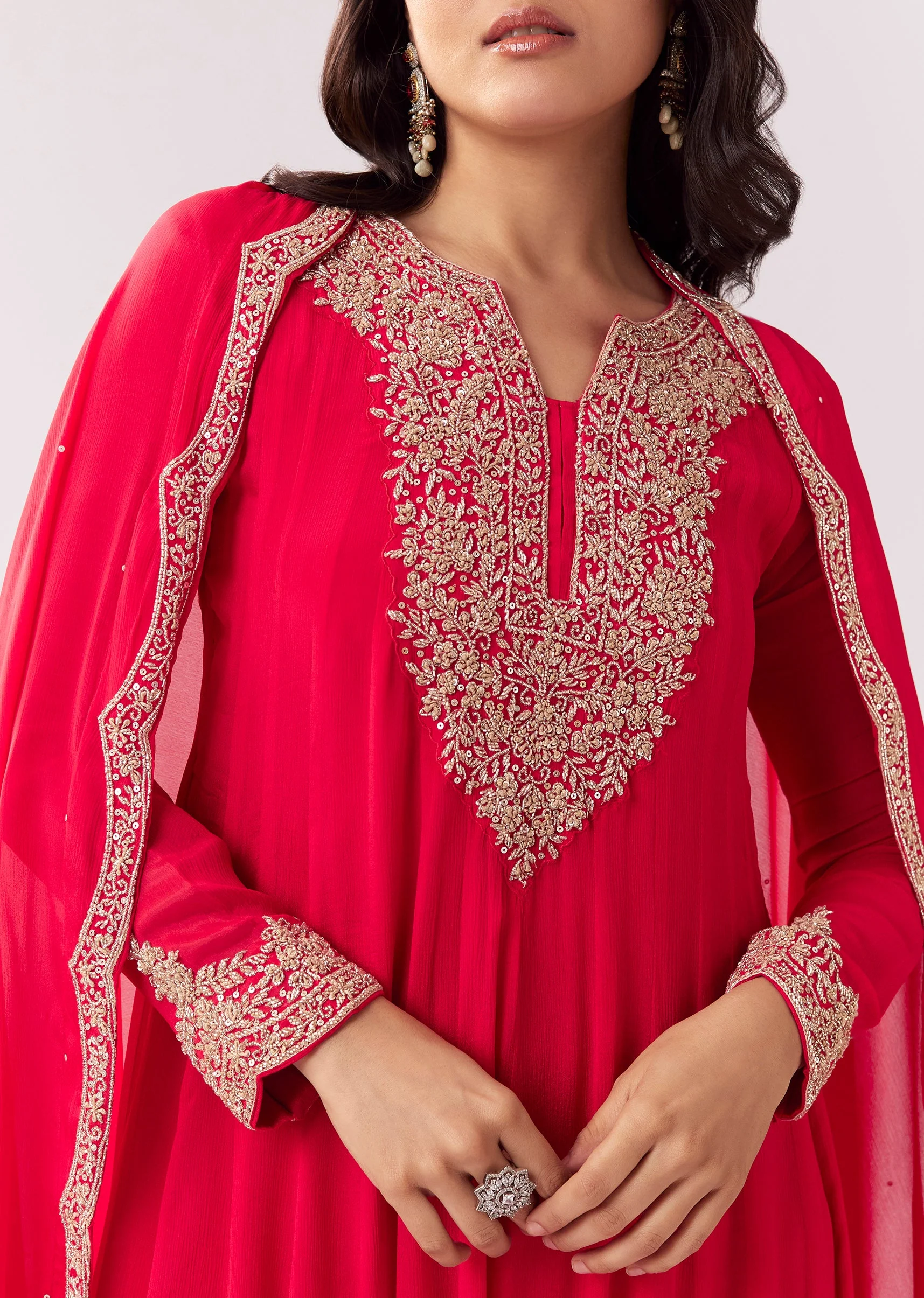 Pink Anarkali With Cutdana Work On Yoke And Sleeves