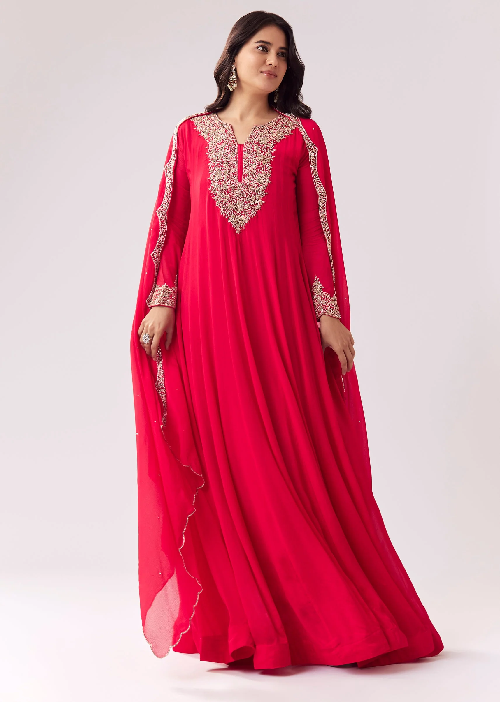 Pink Anarkali With Cutdana Work On Yoke And Sleeves