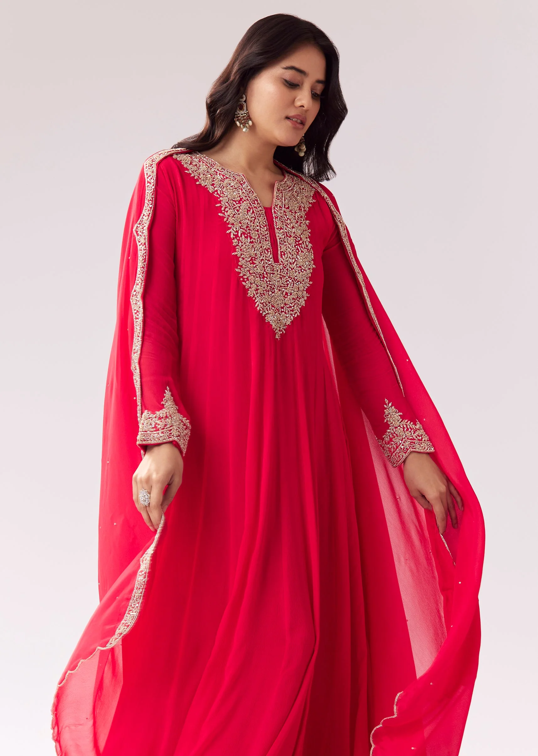 Pink Anarkali With Cutdana Work On Yoke And Sleeves