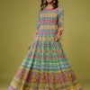 Turq Blue Flared Anarkali Kurti In Silk With Multicolor Print