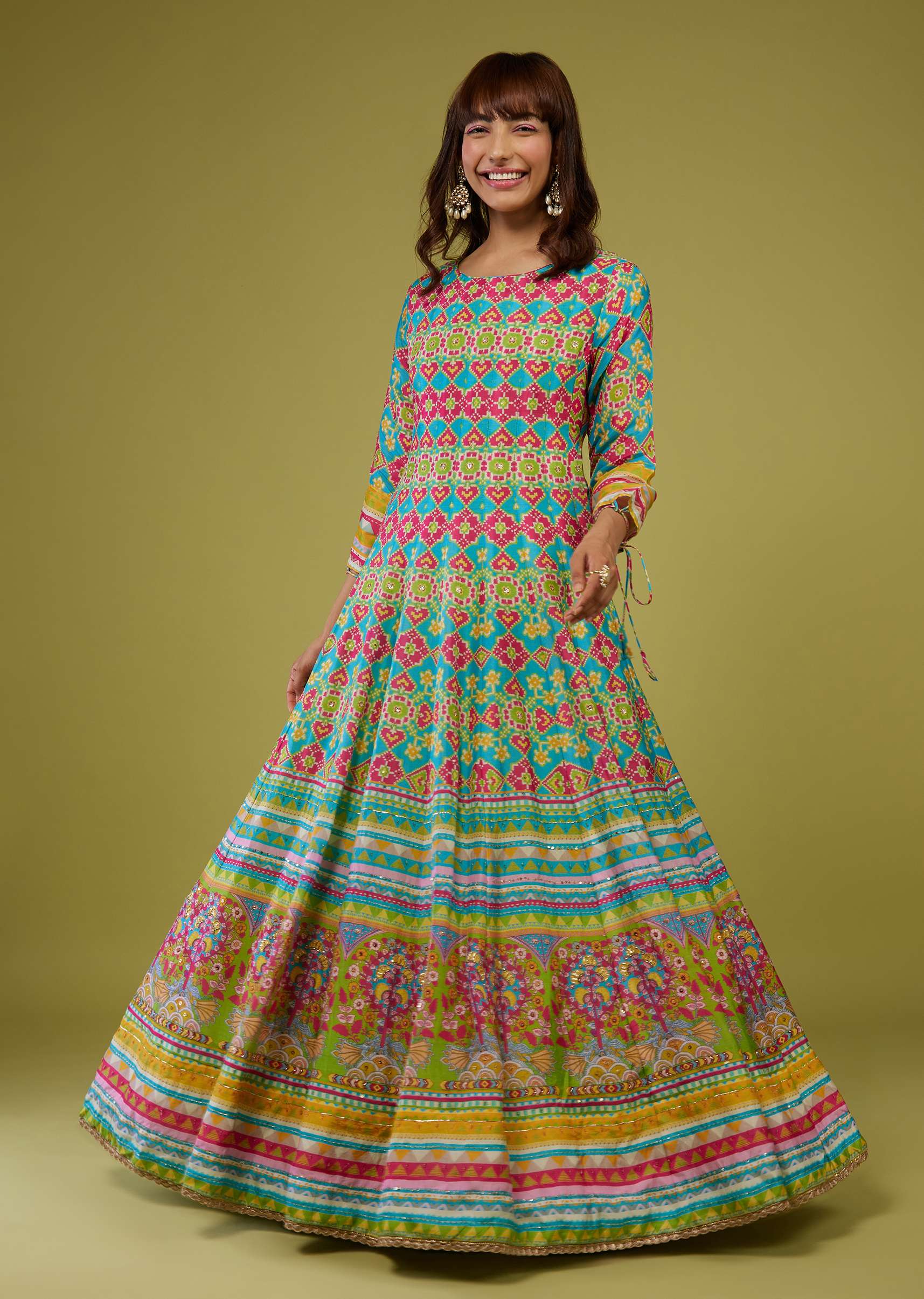 20346-turq-blue-flared-anarkali-kurti-in-silk-with-multicolor-print-1.jpg Turq Blue Flared Anarkali Kurti In Silk With Multicolor Print