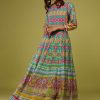 Turq Blue Flared Anarkali Kurti In Silk With Multicolor Print