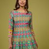 Turq Blue Flared Anarkali Kurti In Silk With Multicolor Print