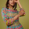 Turq Blue Flared Anarkali Kurti In Silk With Multicolor Print
