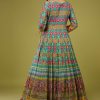 Turq Blue Flared Anarkali Kurti In Silk With Multicolor Print