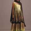 Black And Yellow Embroidered Kurti Palazzo Set With Organza Dupatta