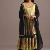 Black And Yellow Embroidered Kurti Palazzo Set With Organza Dupatta