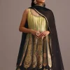 Black And Yellow Embroidered Kurti Palazzo Set With Organza Dupatta