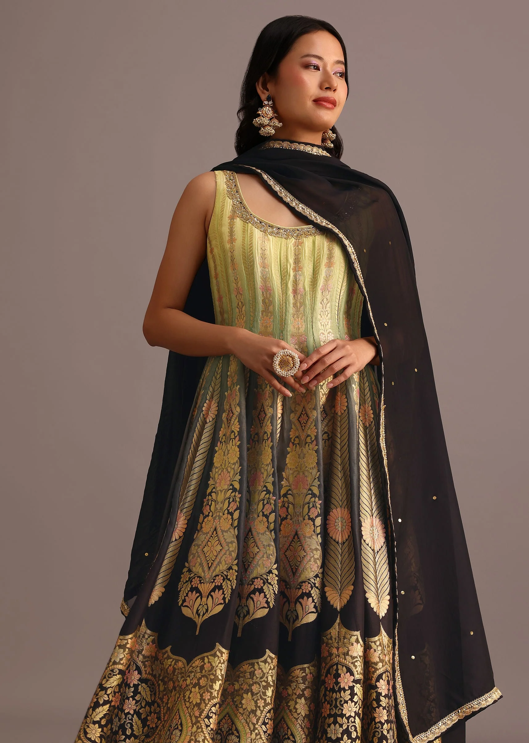 Black And Yellow Embroidered Kurti Palazzo Set With Organza Dupatta