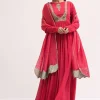 Pink Embroidered Chiffon Anarkali With Tissue Dupatta
