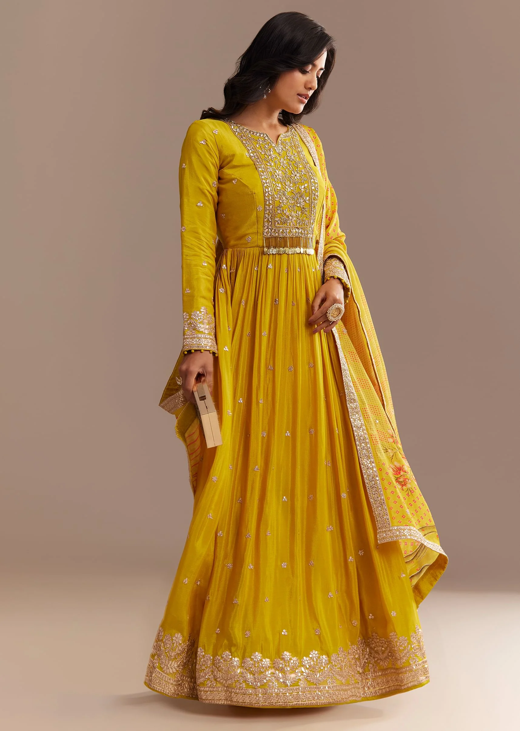 Mustard Yellow Chiffon Zardosi Anarkali Set