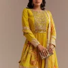 Mustard Yellow Chiffon Zardosi Anarkali Set