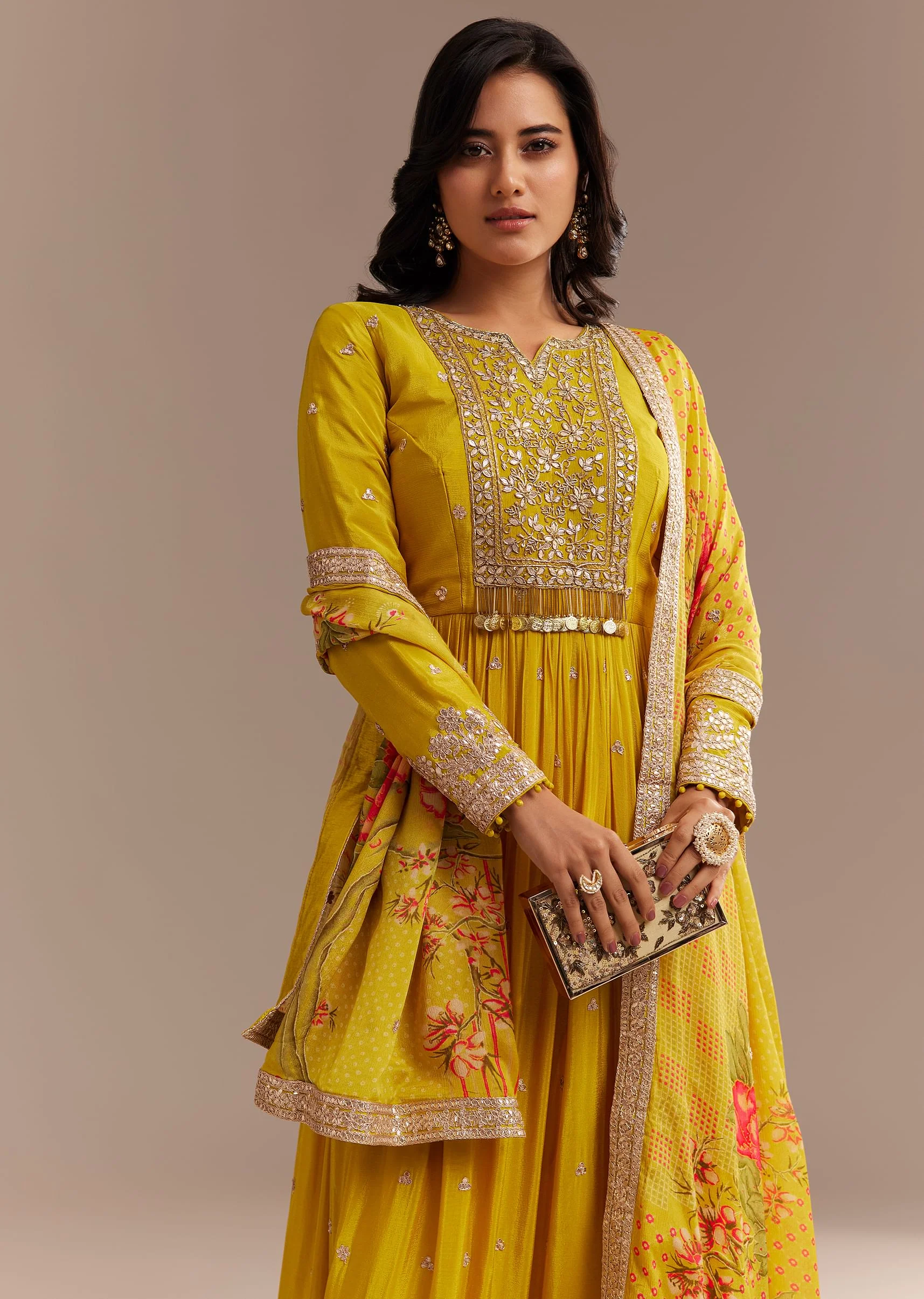 Mustard Yellow Chiffon Zardosi Anarkali Set