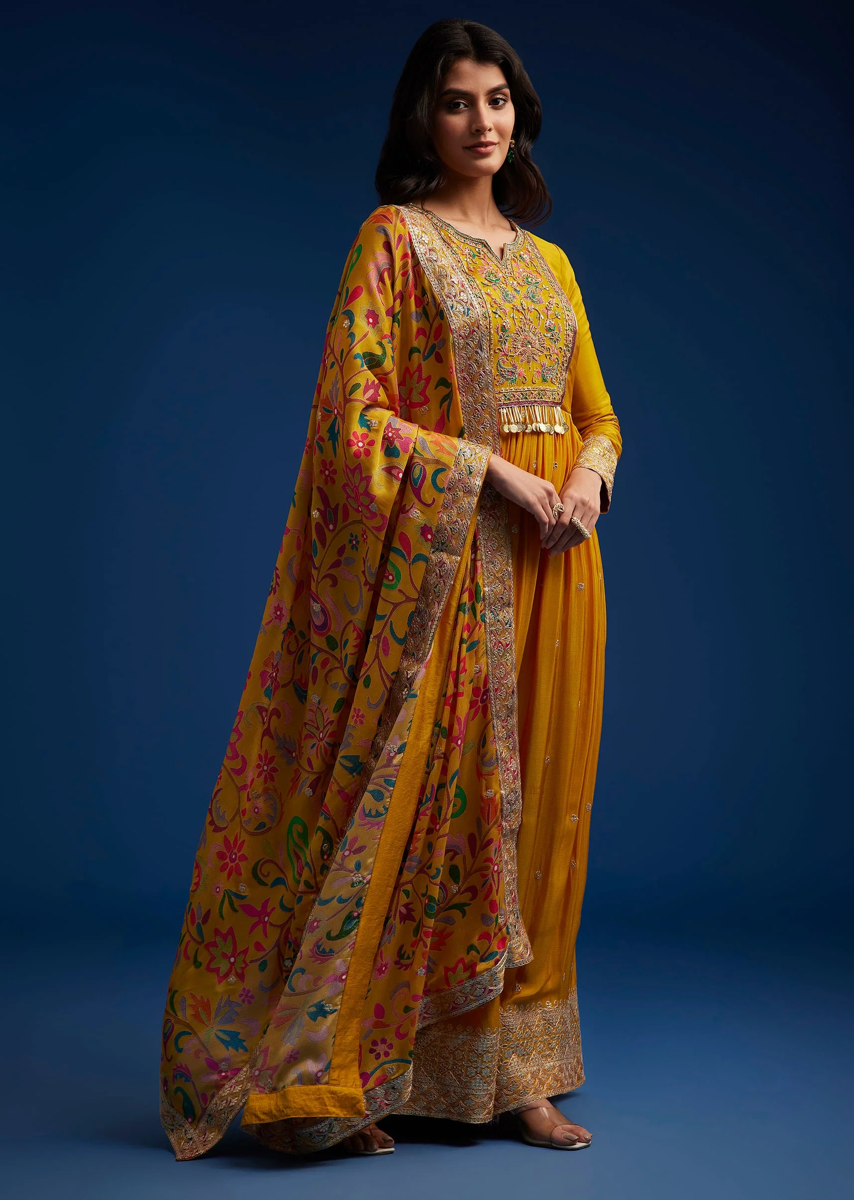 Yellow Chinon Embroidered Anarkali Set With Printed Dupatta