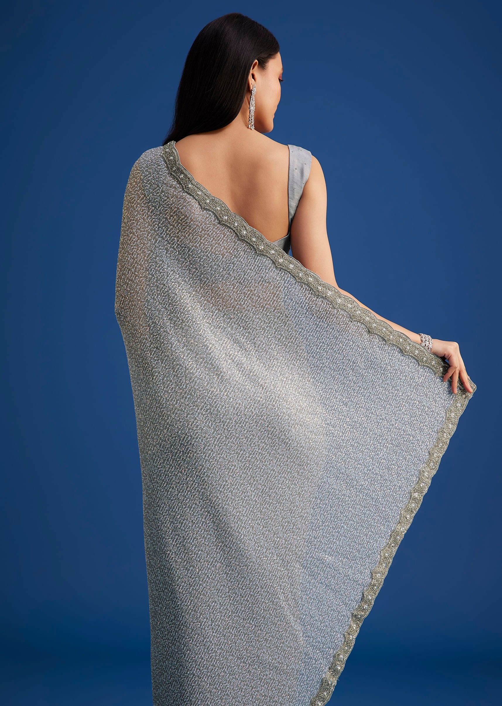 Grey Sequins Saree With Scalloped Embroidered Border