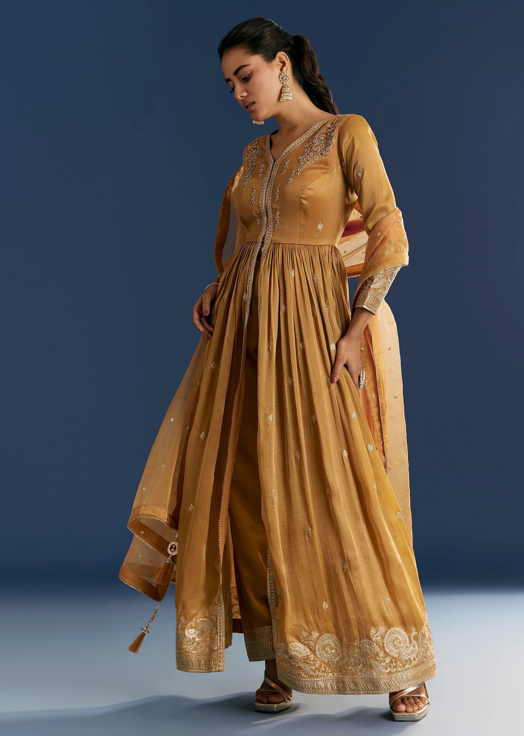 Mustard Yellow Zardosi Embroidered Anarkali Dupatta Set