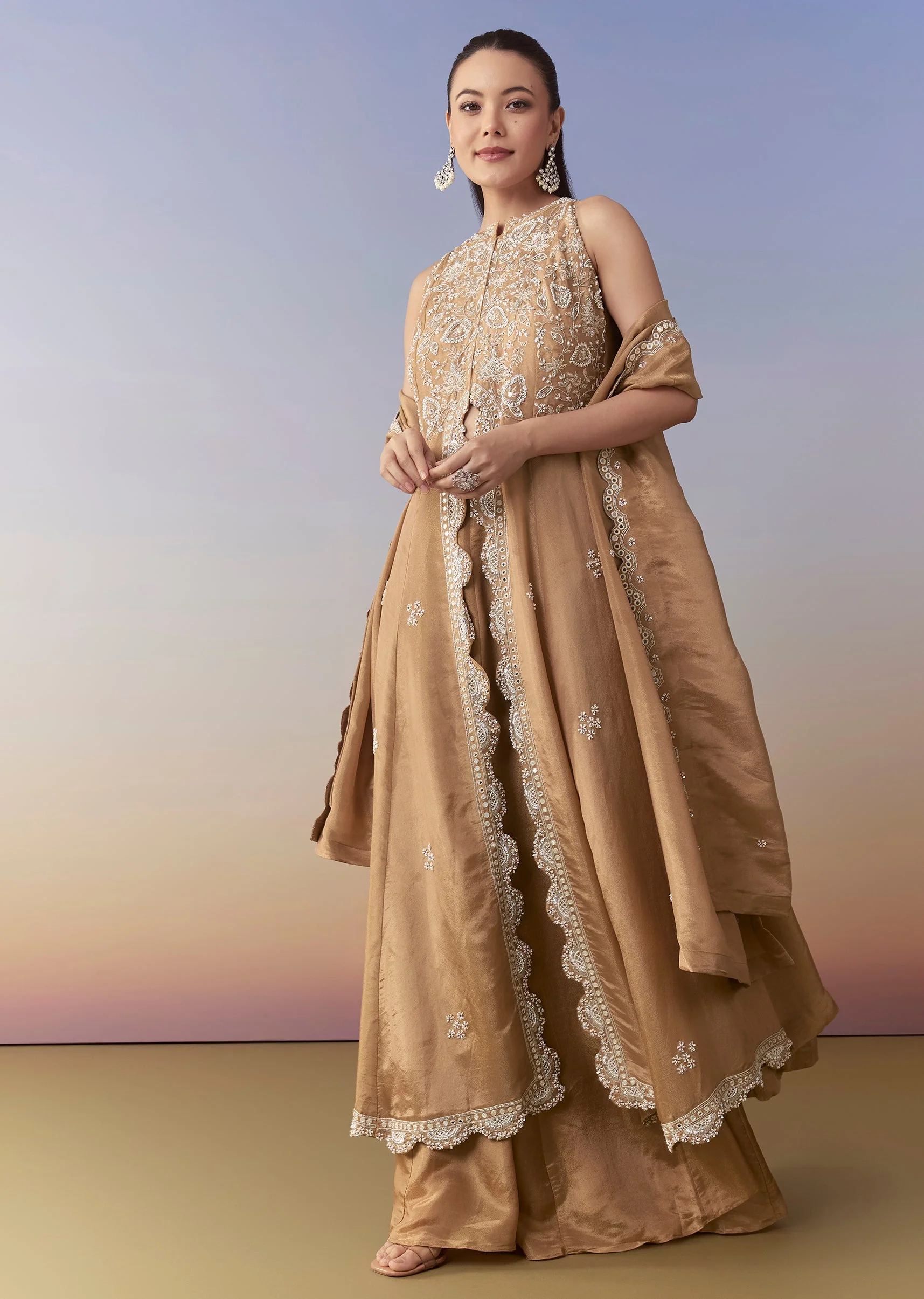Brown Slit Anarkali Set with Cutdana Work