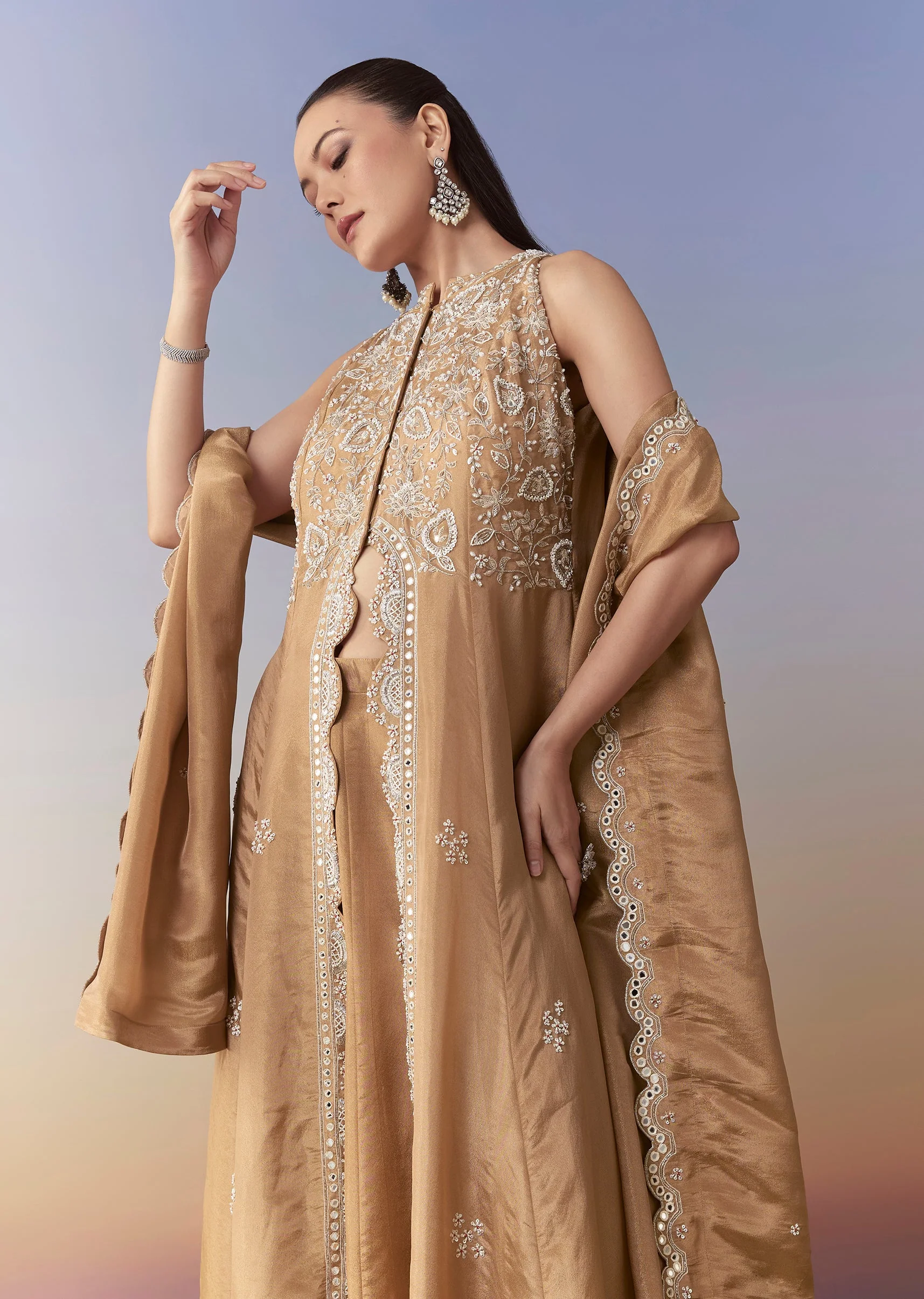 Brown Slit Anarkali Set with Cutdana Work