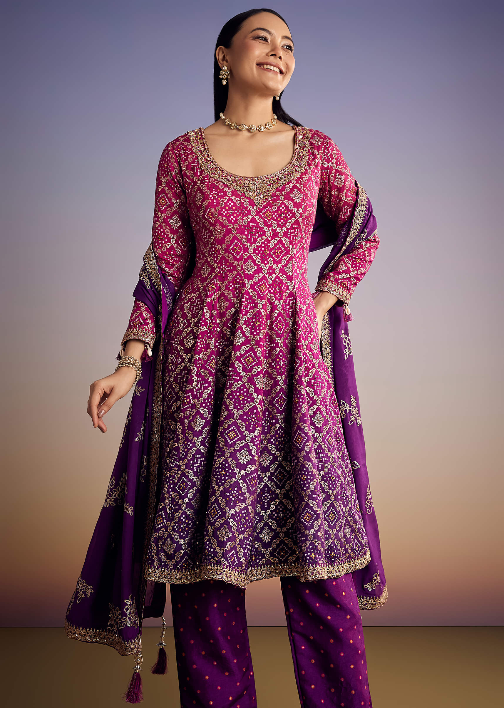 20444-pink-and-purple-ombre-bandhani-anarkali-suit-with-zardosi-neckline-1.jpg Pink And Purple Ombre Bandhani Anarkali Suit With Zardosi Neckline
