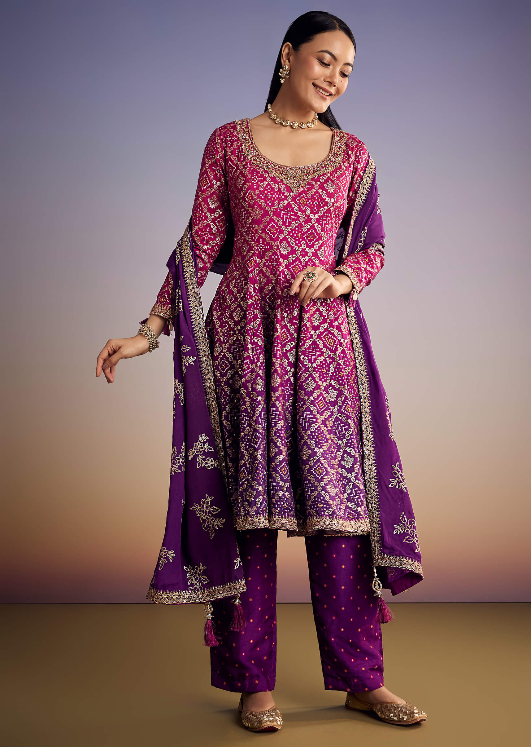 Pink And Purple Ombre Bandhani Anarkali Suit With Zardosi Neckline