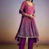 Pink And Purple Ombre Bandhani Anarkali Suit With Zardosi Neckline