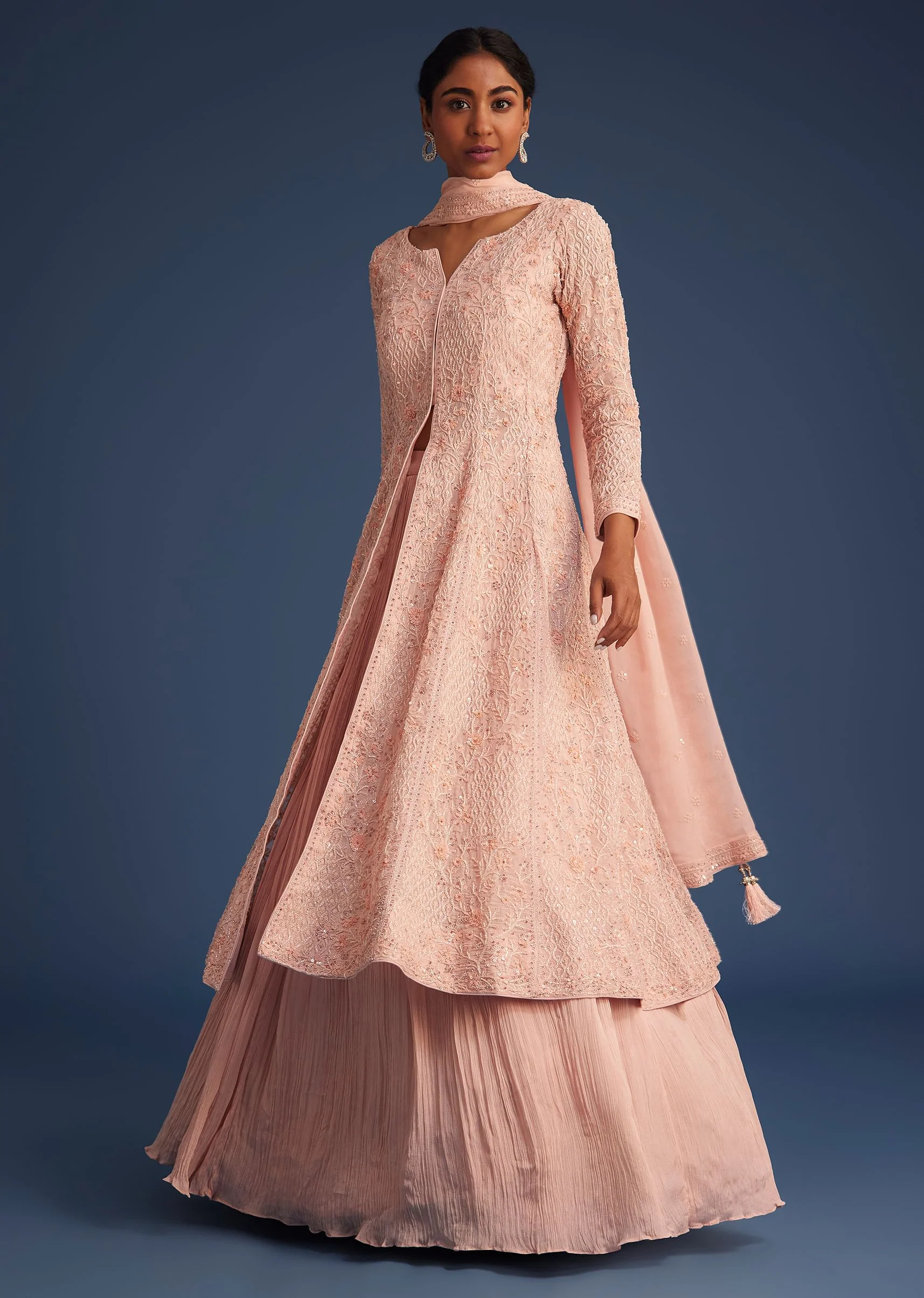 20456-peach-pink-organza-kurta-set-with-chinon-skirt-1.webp Peach Pink Organza Kurta Set With Chinon Skirt
