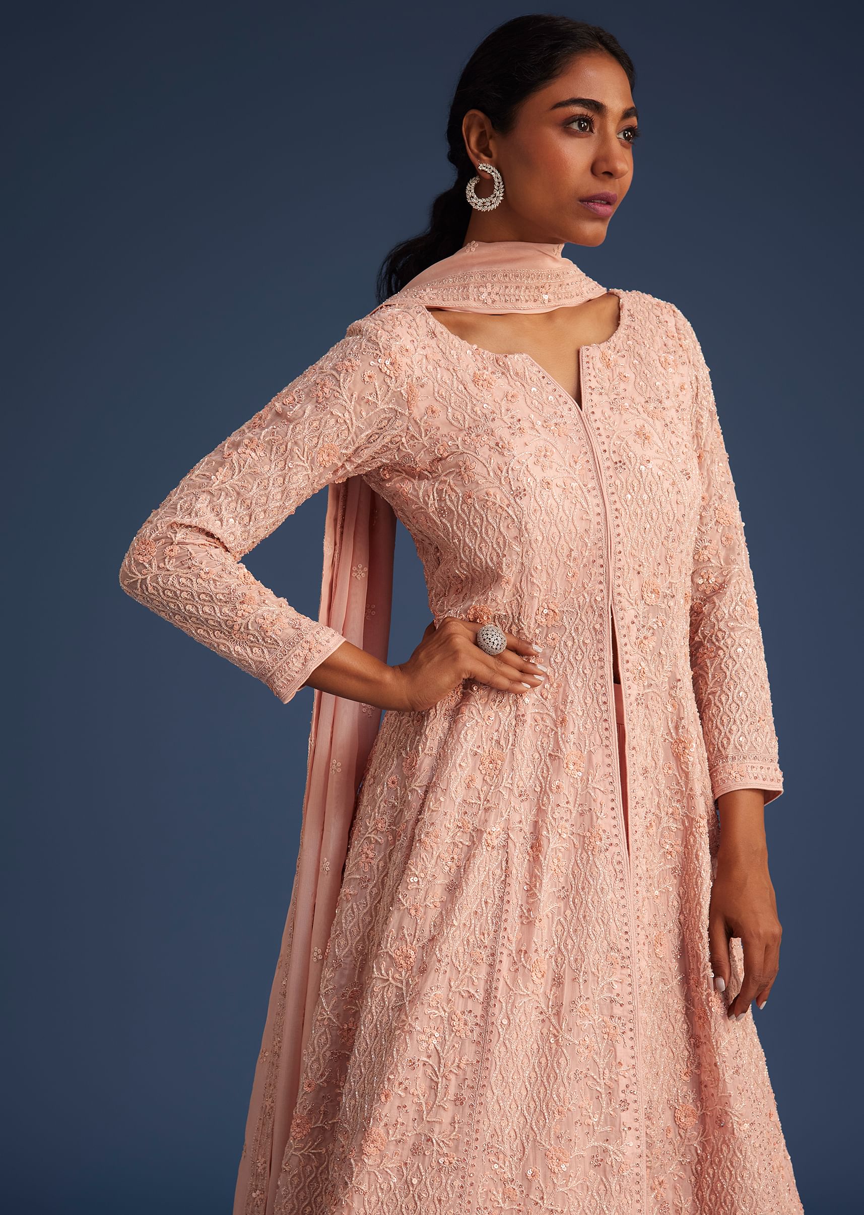 20456-peach-pink-organza-kurta-set-with-chinon-skirt-2.jpg Peach Pink Organza Kurta Set With Chinon Skirt