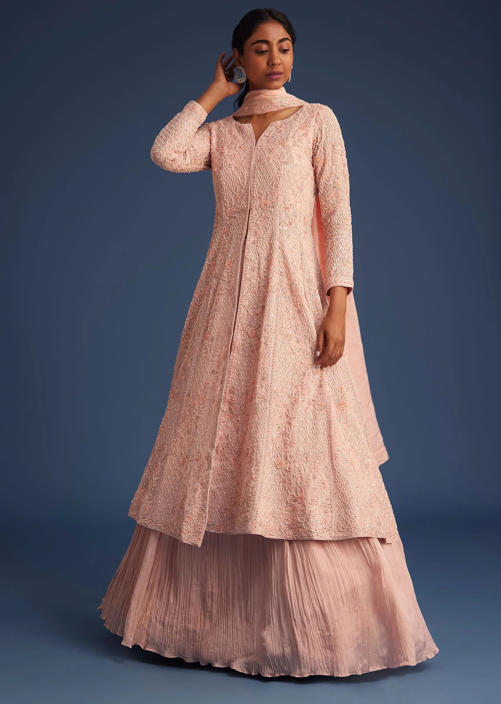 20456-peach-pink-organza-kurta-set-with-chinon-skirt-3.webp Peach Pink Organza Kurta Set With Chinon Skirt