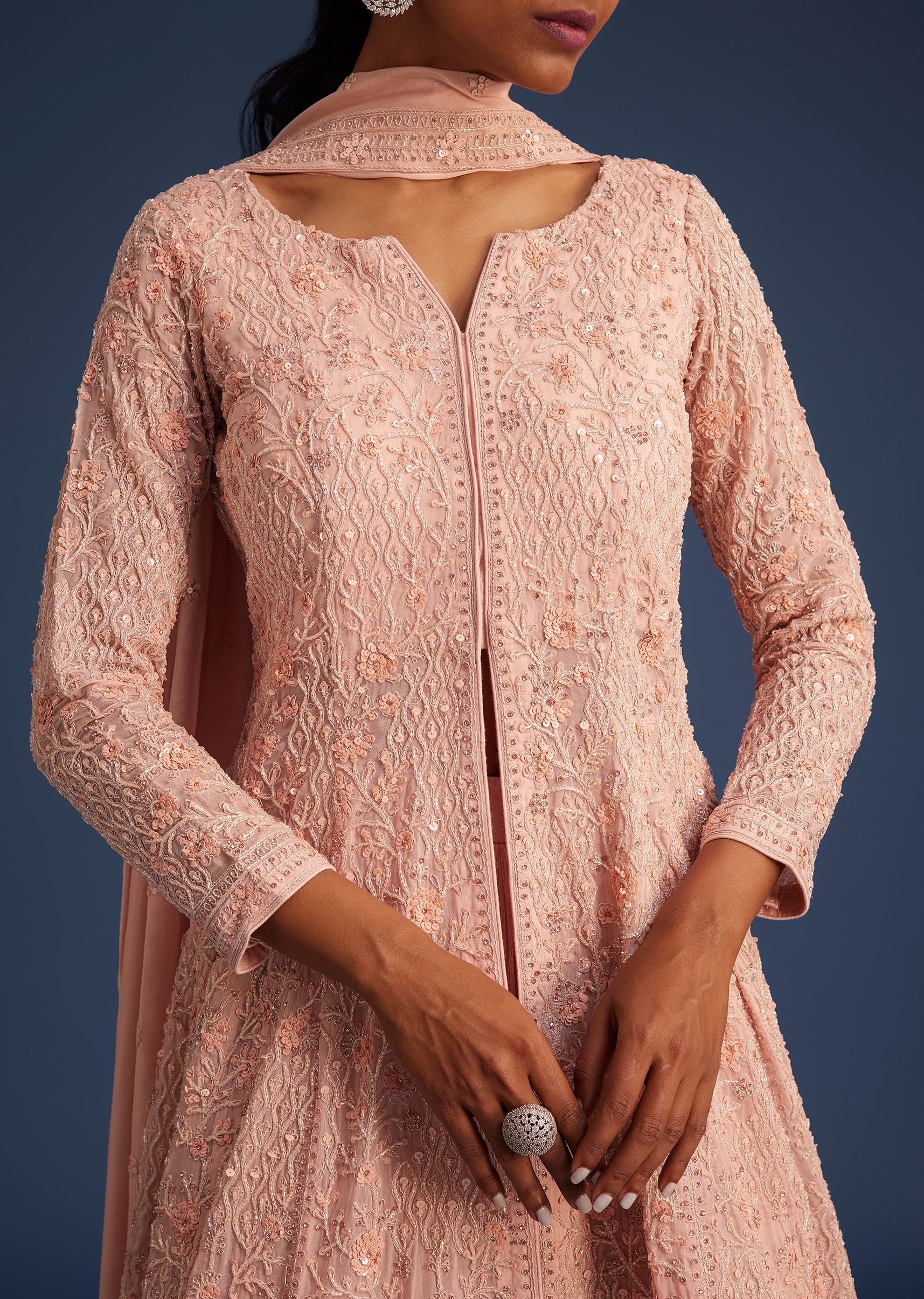 20456-peach-pink-organza-kurta-set-with-chinon-skirt-4.jpg Peach Pink Organza Kurta Set With Chinon Skirt