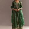 Green Tissue Embroidered Anarkali Pant With Organza Dupatta