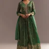 Green Tissue Embroidered Anarkali Pant With Organza Dupatta
