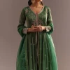 Green Tissue Embroidered Anarkali Pant With Organza Dupatta