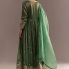 Green Tissue Embroidered Anarkali Pant With Organza Dupatta