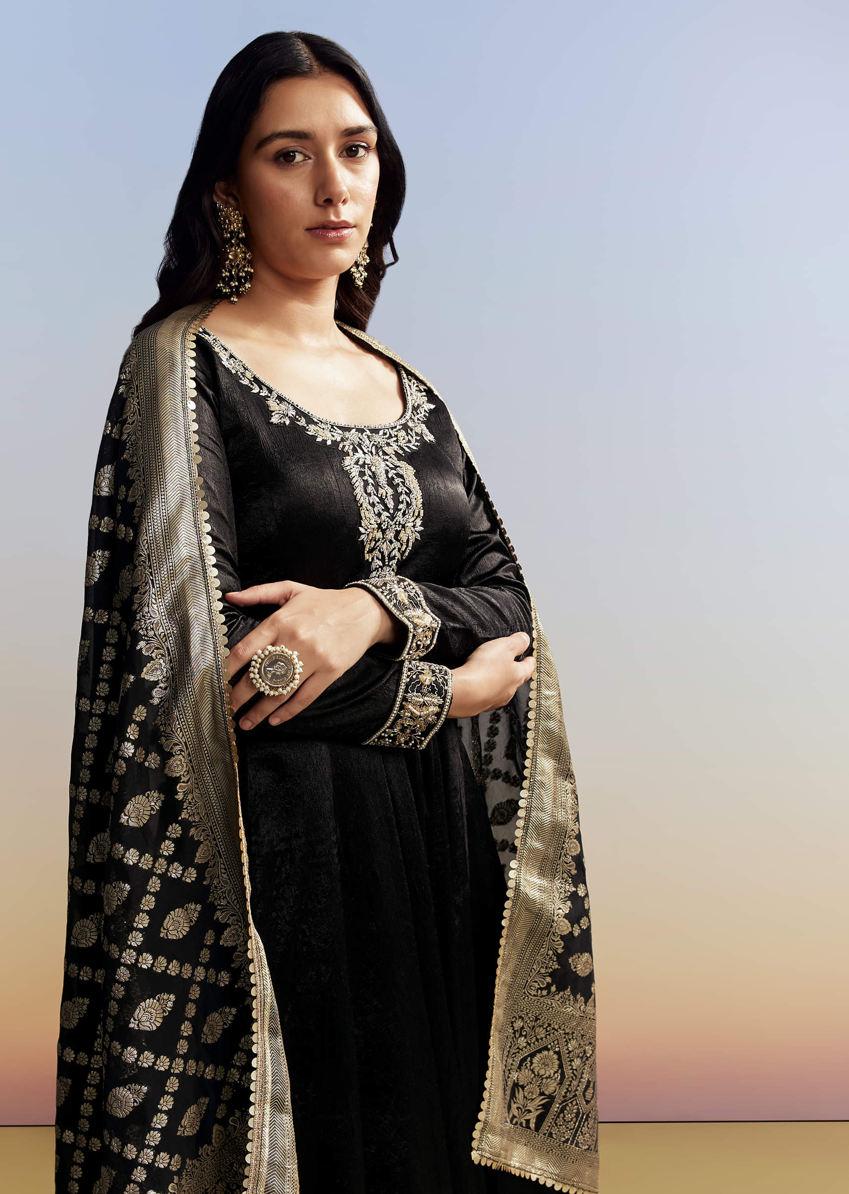 Black Embroidered Crush Satin Anarkali Set