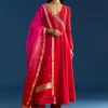 Red Chanderi Angrakha Style Kurta With Zardosi Butti Dupatta