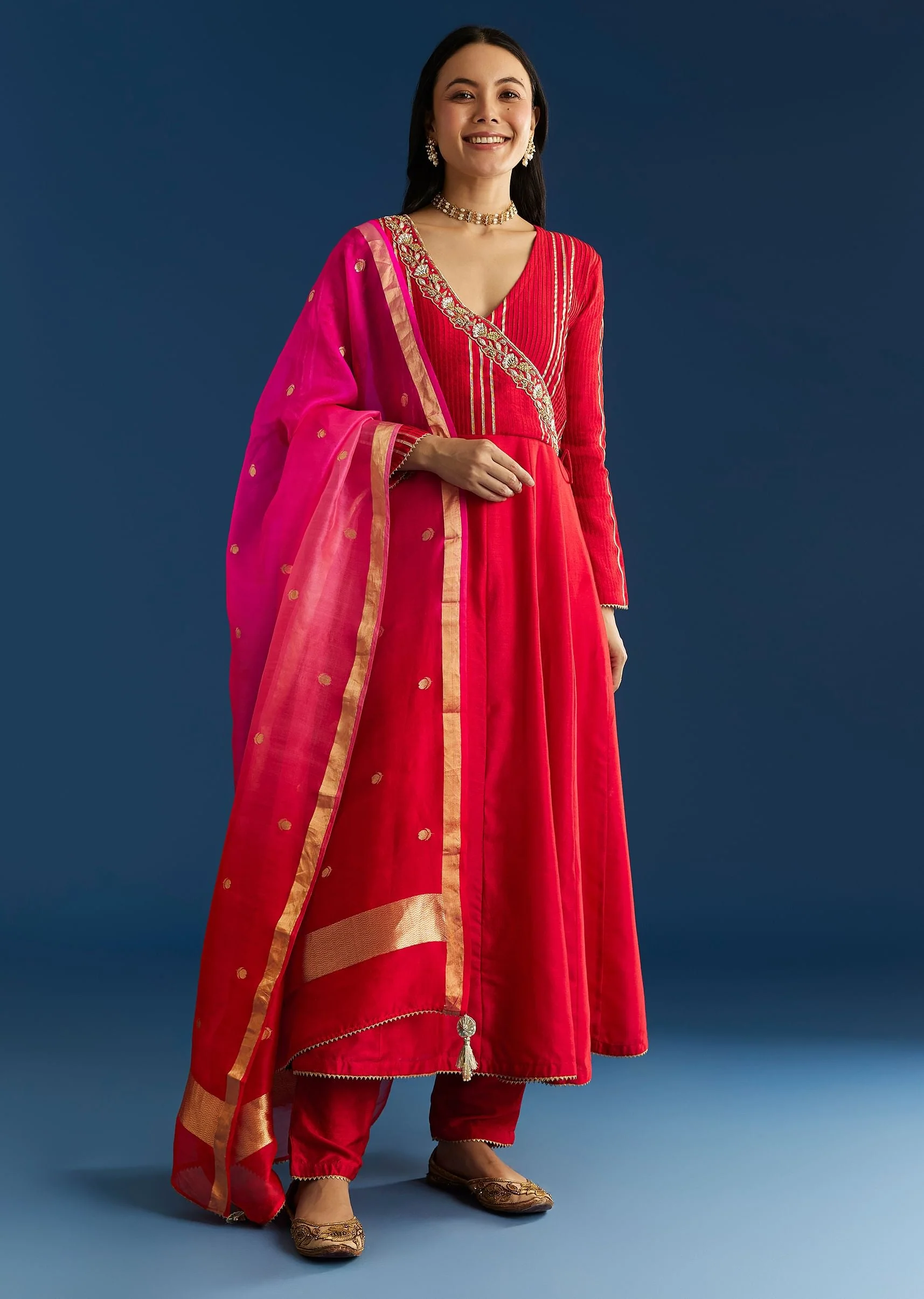 20494-red-chanderi-angrakha-style-kurta-with-zardosi-butti-dupatta-1.webp Red Chanderi Angrakha Style Kurta With Zardosi Butti Dupatta