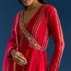 Red Chanderi Angrakha Style Kurta With Zardosi Butti Dupatta