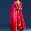 Red Chanderi Angrakha Style Kurta With Zardosi Butti Dupatta