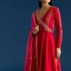 Red Chanderi Angrakha Style Kurta With Zardosi Butti Dupatta
