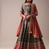 Green Floral Printed Anarkali Suit Set In Silk