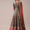 Green Floral Printed Anarkali Suit Set In Silk
