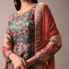 Green Floral Printed Anarkali Suit Set In Silk