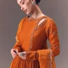 Rust Orange Ruched Embroidered Anarkali With Dupatta