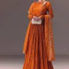 Rust Orange Ruched Embroidered Anarkali With Dupatta