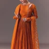 Rust Orange Ruched Embroidered Anarkali With Dupatta