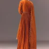 Rust Orange Ruched Embroidered Anarkali With Dupatta