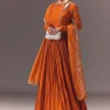 Rust Orange Ruched Embroidered Anarkali With Dupatta