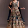 Teal Blue Floral Embroidered Anarkali With Net Dupatta