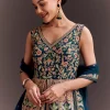 Teal Blue Floral Embroidered Anarkali With Net Dupatta