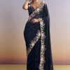 Midnight Blue Half And Half Saree With Floral Sequin Embroidery